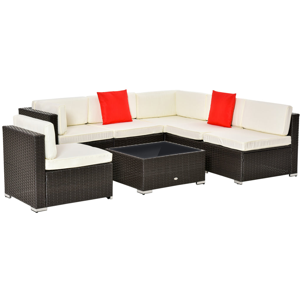 7-Piece Patio Furniture Set Outdoor Wicker Conversation Sets PE Rattan Sectional Sofa Set with Cushions & Tempered Glass Desktop, Cream White