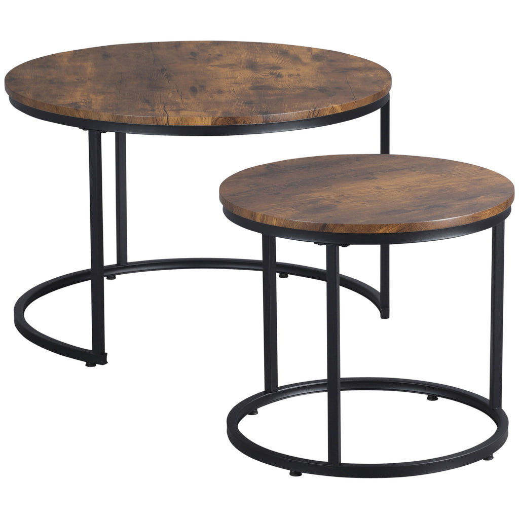 Round Nesting Tables Set of 2, Stacking Coffee Table Set with Metal Frame for Living Room, Rustic Brown