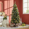 6' Decorated Christmas Trees, Skinny Prelit Artificial Christmas Tree with Snow-dipped Branches, Auto Open, Pinecones