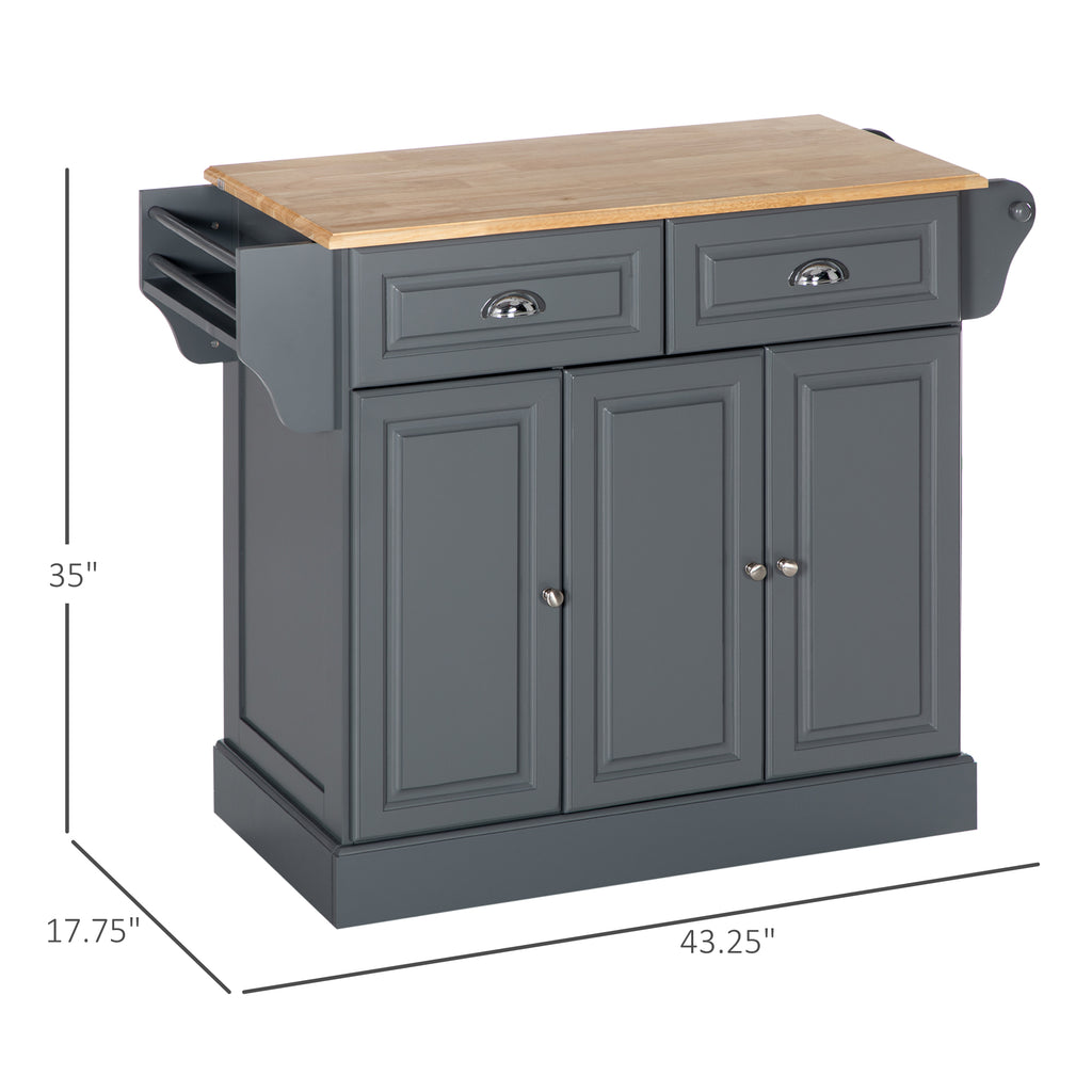 Kitchen Island with Storage Rolling Kitchen Serving Cart with Rubber Wood Top Towel Rack Storage Drawer Cabinet Grey