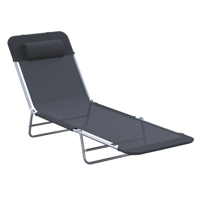 Portable Sun Lounger, Lightweight Folding Chaise Lounge Chair w/ Adjustable Backrest & Pillow for Beach, Poolside and Patio, Black