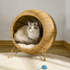 Wicker Cat Bed Elevated Rattan Kitten Basket Pet Den. House Cozy Cave with Soft Cushion Light Brown