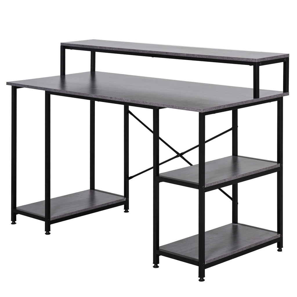 55 Inch Home Office Computer Desk Study Writing Workstation with Storage Shelves, Elevated Monitor Shelf, CPU Stand, Grey Wood Grain