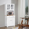 67" Kitchen Buffet with Hutch, Pantry with Framed Glass Doors, Louvered Cabinets, 2 Drawers, and Open Microwave Countertop, White