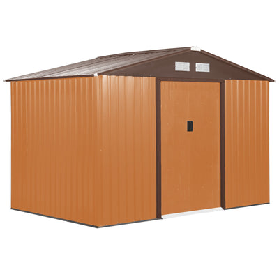 9' x 6' Metal Storage Shed Garden Tool House with Double Sliding Doors, 4 Air Vents for Backyard, Patio, Lawn Brown