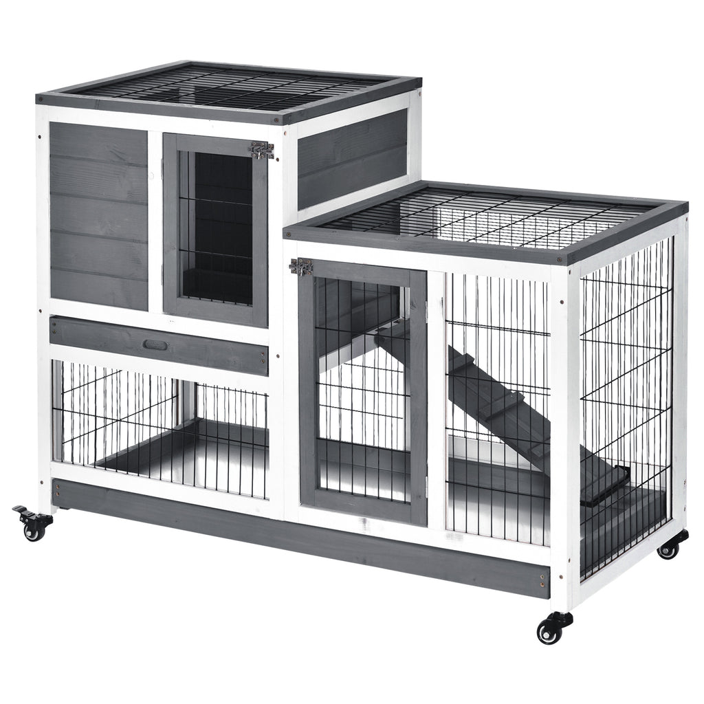 Wooden Rabbit Hutch Elevated Bunny Cage Indoor Small Animal Habitat with Enclosed Run with Wheels, Ramp, Removable Tray for Guinea Pigs, Grey