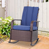 Outdoor Rattan Wicker Rocking Chair Patio Recliner with Soft Cushion, Adjustable Footrest, Max. 135 Degree Backrest, Blue