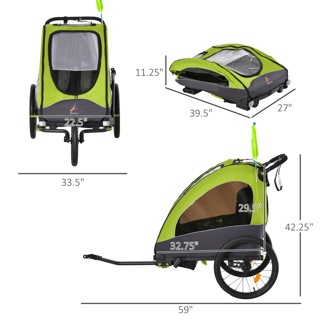 3 In1 Foldable Child Bike Trailer Baby Trailer Transport Buggy Carrier with Shock Absorber System Rubber Tires- Green & Grey