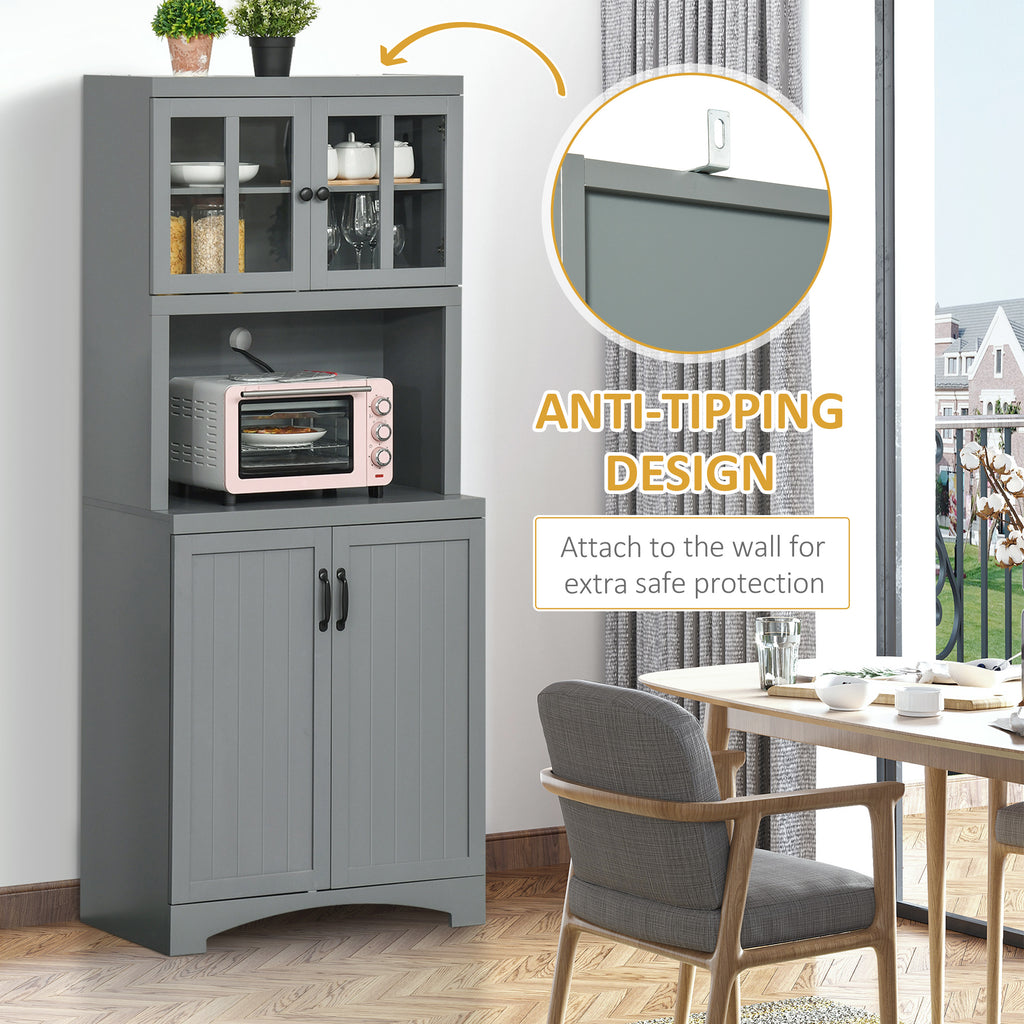 Freestanding Kitchen Pantry Cabinet, Tall Kitchen Storage Cabinet with Glass Framed Door and Microwave Space, Accent Kitchen Pantry, Grey