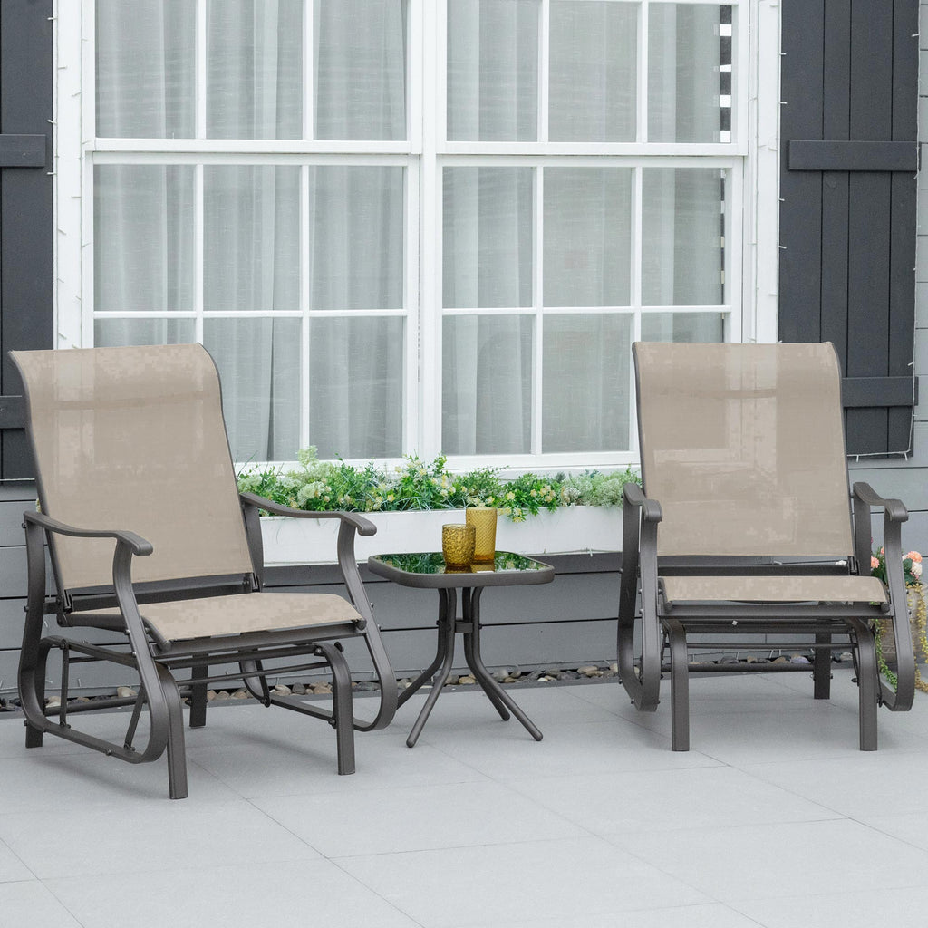 3-Piece Gliding Chair & Tea Table Set, Outdoor 2 Rocker Seats with Steel Frame, Tempered Glass Tabletop, Garden Patio Furniture, Grey