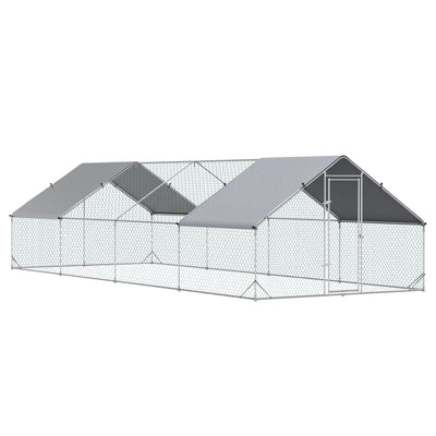 Large Metal Chicken Coop, Walk-in Poultry Cage Galvanized Hen Playpen House with Cover and Lockable Door for Farm, 10' x 26' x 6.5', Silver