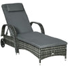 Patio Wicker Chaise Lounge, PE Rattan Outdoor Lounge Chair with Cushion, Height Adjustable Backrest & Wheels, Mixed Grey