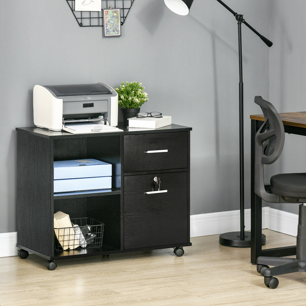 Lateral File Cabinet with Wheels, Mobile Printer Stand with Open Shelves and Drawers for A4 Size Documents, Black