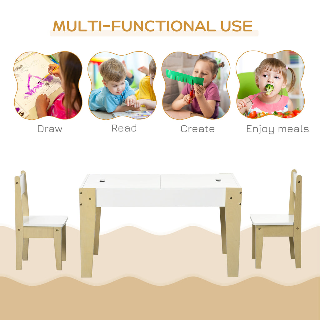 3 Pcs Kids Table and Chair Set with Storage Space, Activity Table and 2 Chairs for Toddler Arts, Crafts, Drawing, Reading, White