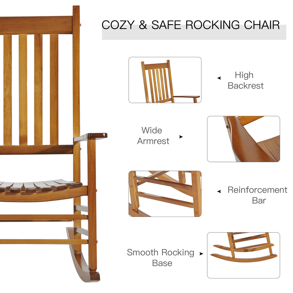 Outdoor Rocking Chair, Wooden Rustic High Back All Weather Rocker, Slatted for Indoor, Backyard & Patio, Natural