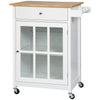Kitchen Cart on Wheels, Rolling Kitchen Island Cart with Glass Door, Metal Handle and Towel Rack, White