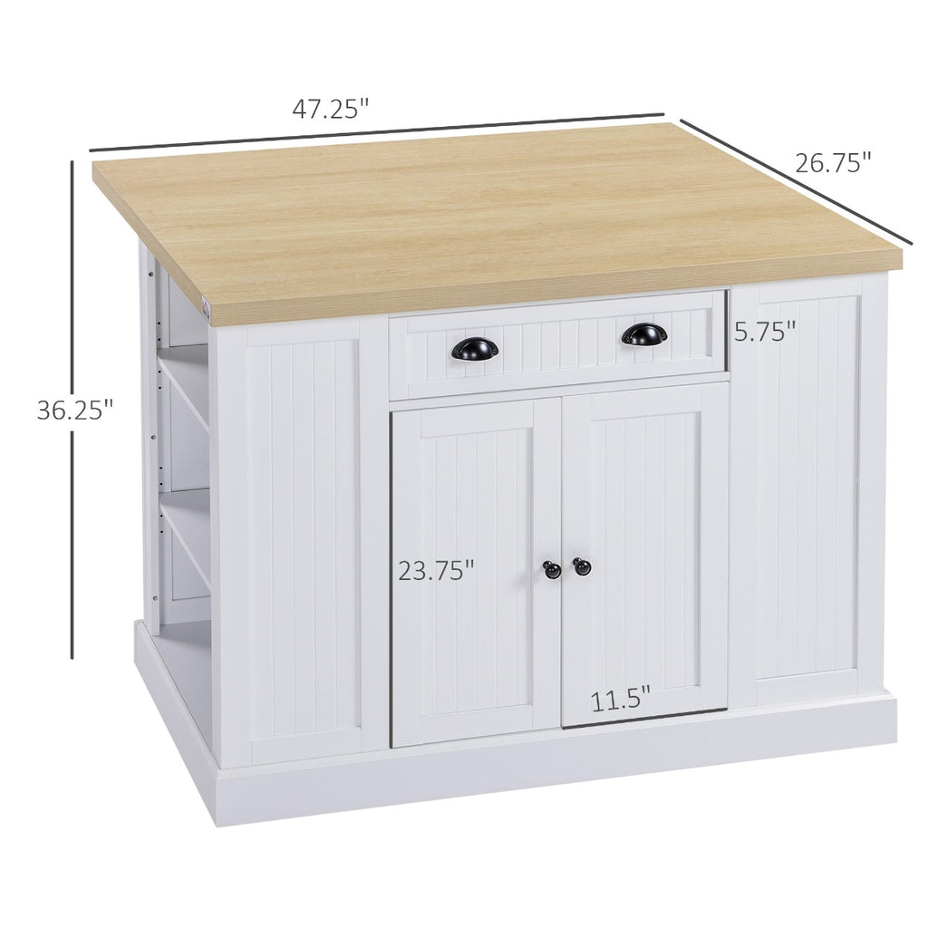 47" Fluted-Style Wooden Kitchen Island, Kitchen Countertop Storage Cabinet with Drop Leaf, Drawer, Open Shelves, Storage, White