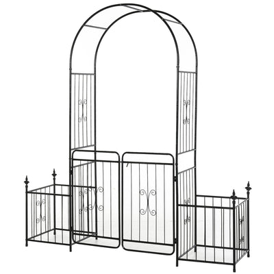 78.75'' x 19.75'' Metal Garden Arch with Gate Climbing Planter Frame and 2 Side Flower Beds Backyard Decor for Vines Morning Glory Black
