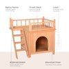 2-Level Elevated Waterproof Outdoor Wooden Treehouse Cat Shelter With Balcony, Natural Wood