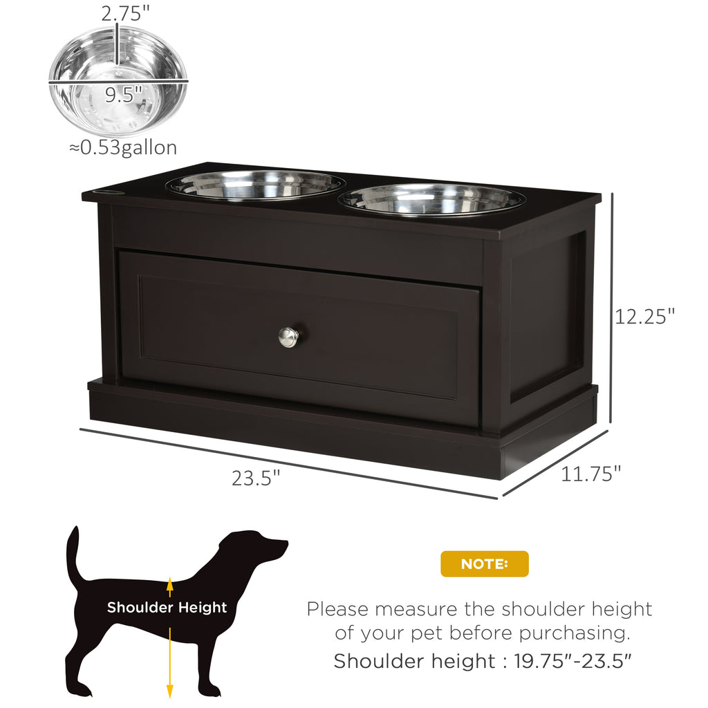 Elevated Dog Bowls for Large Dogs, Raised Pet Feeding Station with 2 Stainless Steel Bowls, Storage Drawer, Wood Stand for Cats, Brown