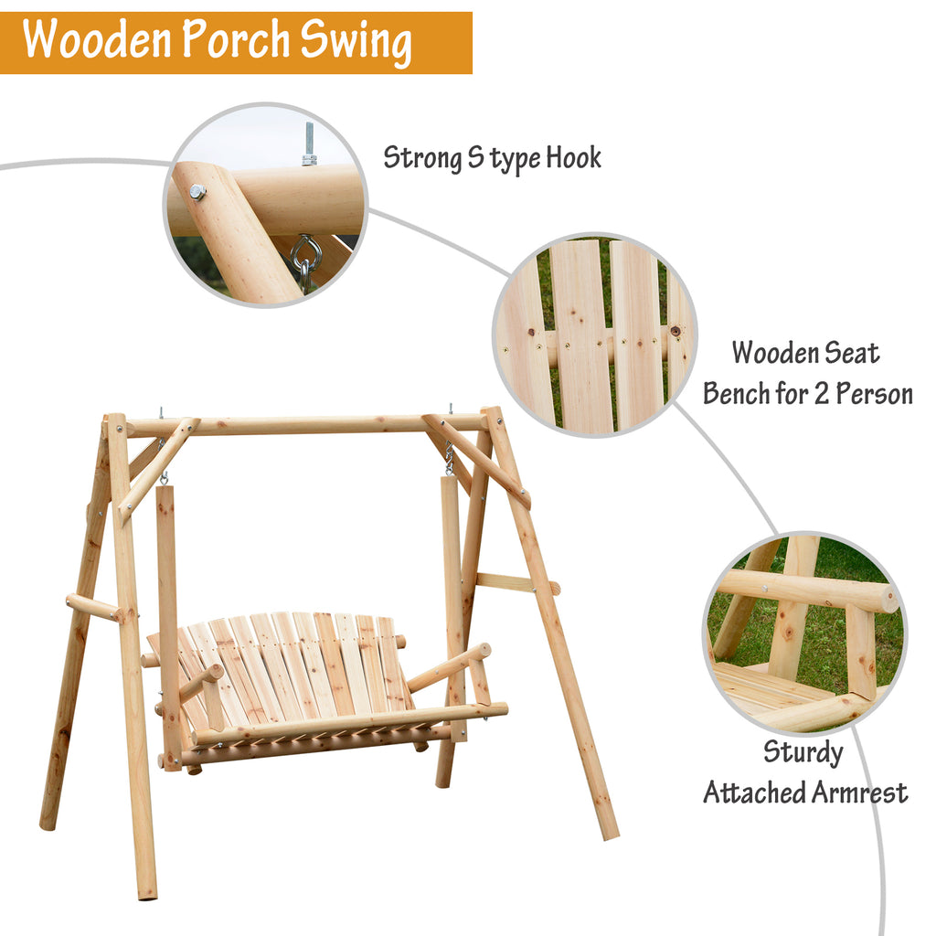 6.5' Outdoor Rustic Loveseat Solid Wood Natural Log Garden Swing Natural
