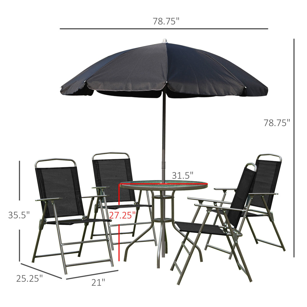 6 Piece Patio Dining Set for 4 with Umbrella, 4 Folding Dining Chairs & Round Glass Table for Garden, Backyard and Poolside, Black
