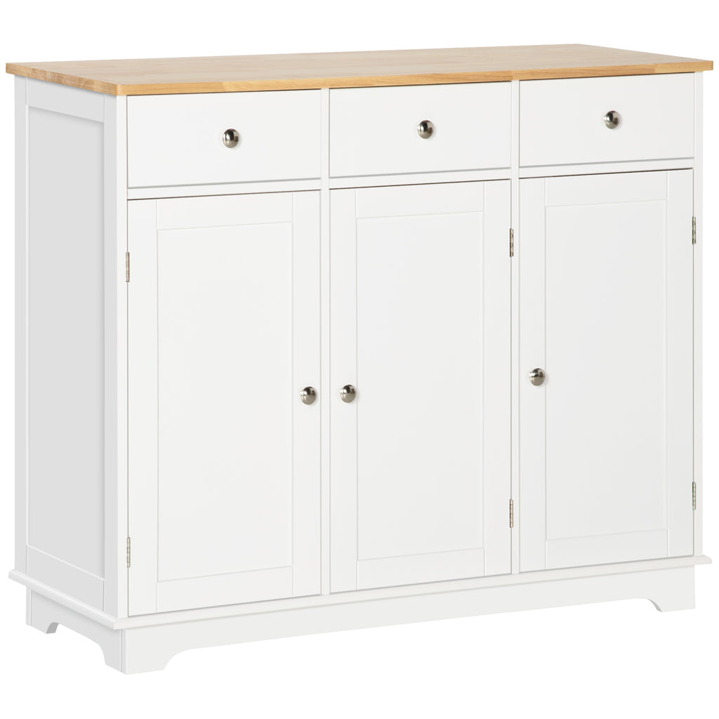 Modern Sideboard Buffet with Rubberwood Top, Buffet Cabinet with 3 Drawers, 3 Cabinets and Adjustable Shelves for Kitchen, Buffet Table, White