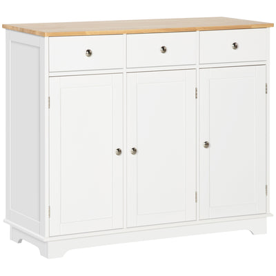 Modern Sideboard Buffet with Rubberwood Top, Buffet Cabinet with 3 Drawers, 3 Cabinets and Adjustable Shelves for Kitchen, Buffet Table, White