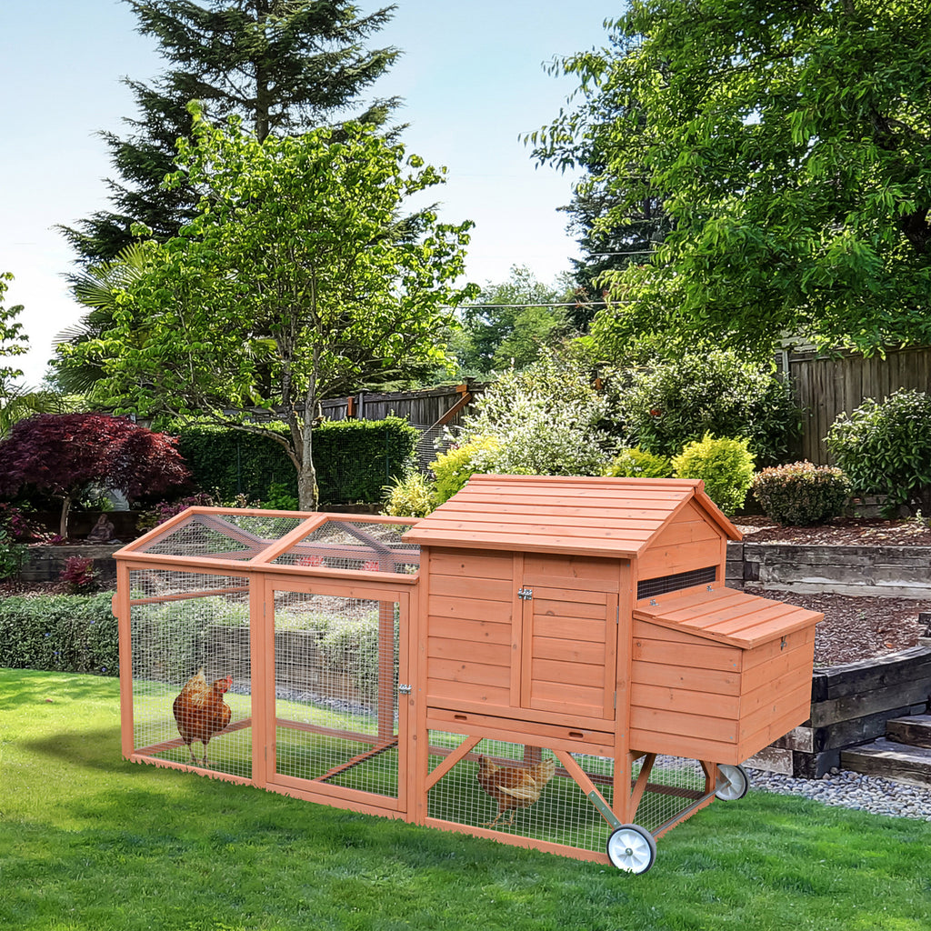 96.5" Chicken Coop Wooden Chicken House Rabbit Hutch Poultry Cage Hen Pen Portable Backyard with Wheels Outdoor Run and Nesting Box, Natural