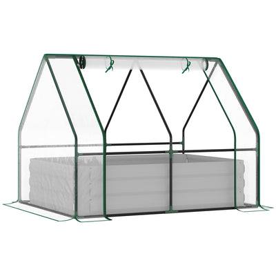 Raised Garden Bed with Greenhouse, Steel Outdoor Planter Box with Plastic Cover, Roll Up Window, Dual Use for Flowers, Vegetables, Clear