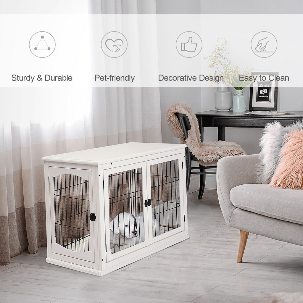 26" Wooden Dog Crate, Furniture Style Pet Cage Kennel, End Table, with Lockable Double Door Entrance, and Top Shelf, White