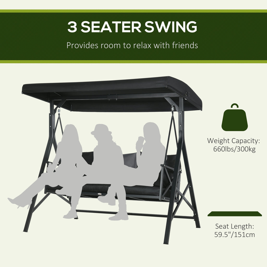 3-Seat Patio Swing Chair, Outdoor Canopy Swing Glider with Cushion with 3 Throw Pillows & Adjustable Shade for Porch, Garden, Poolside, Backyard, Black