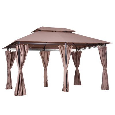 10' x 13' Outdoor Soft Top Gazebo Pergola with Curtains, 2-Tier Steel Frame Gazebo for Patio, Khaki
