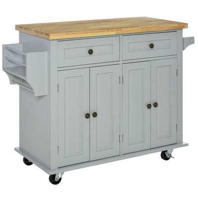Rolling Kitchen Island Cart on Wheels with Rubber Wood Top, Spice Rack, Towel Rack & Drawers for Dining Room, Grey