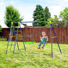 Kids Metal Swing Set, Outdoor Play Equipment w/ Saucer Swing, Basket Hoop, Climb Ladder, Net, A-Frame Metal Stand, for 3-10 Years Old, Green