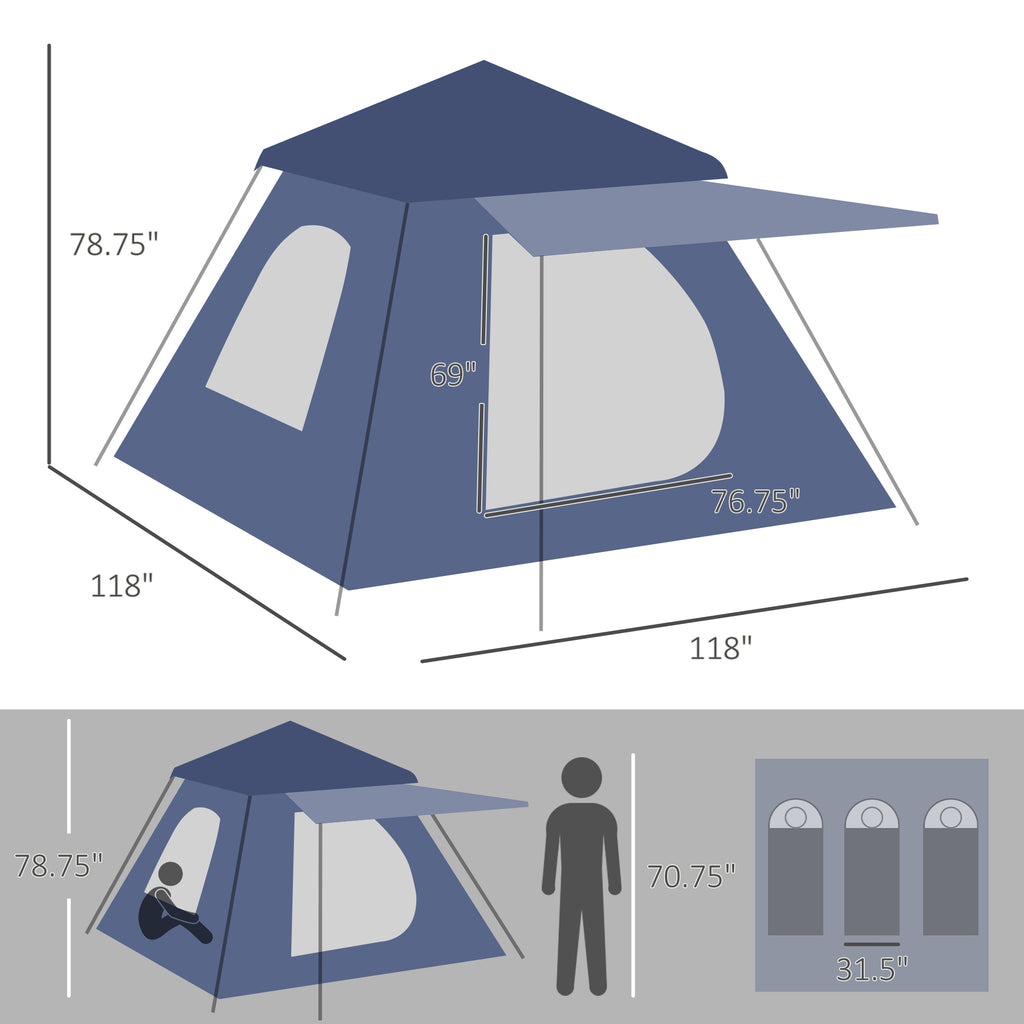 3-4 Person Automatic Camping Tent w/ Porch, Pop Up Tent, Portable Backpacking Shelter with Mesh Windows, Zipped Door, Floor, Hang Hook & Portable Carry Bag, Blue