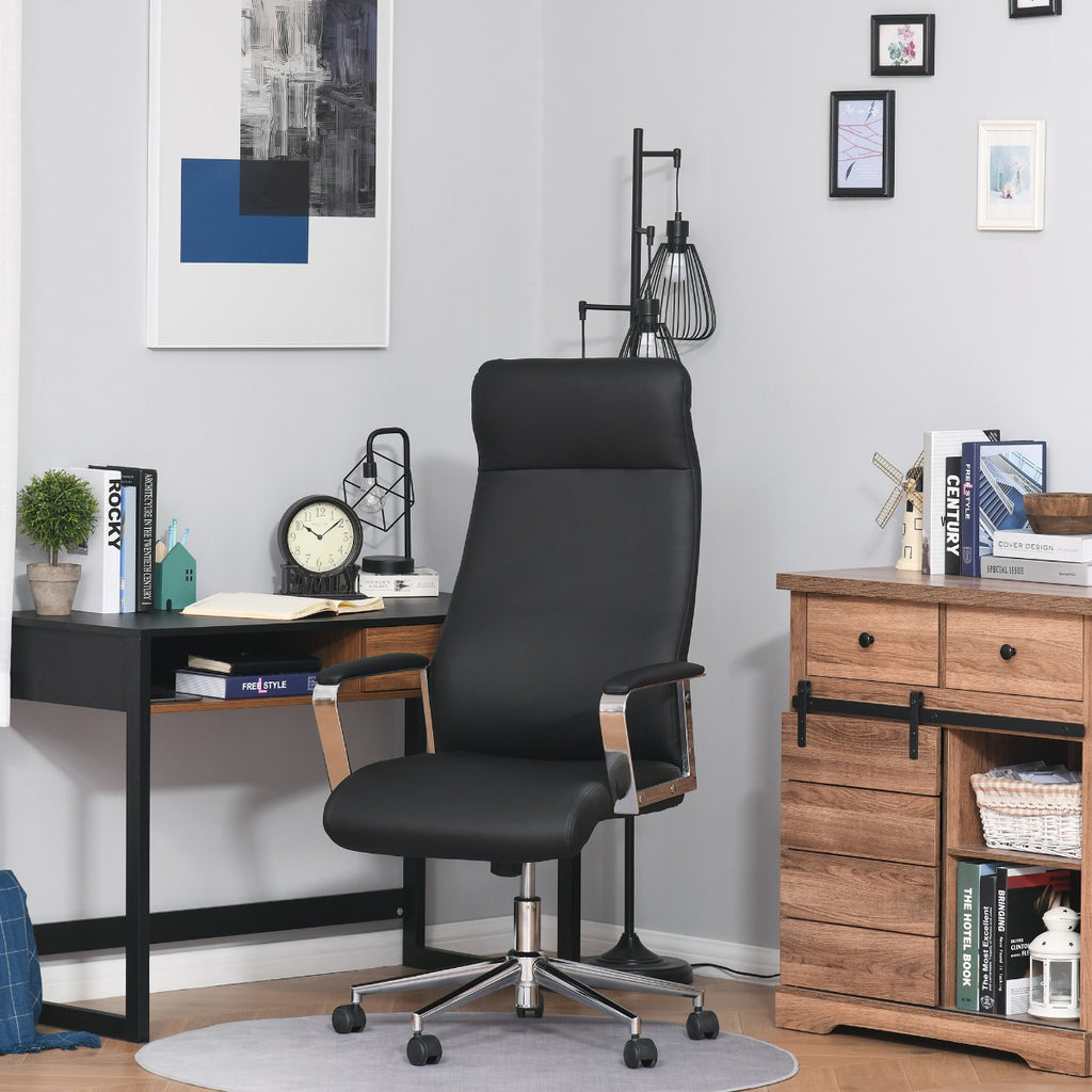 Office Chair Faux Leather High-Back Rocker Swivel Computer Desk Chair with Wheels  Steel Base  Black