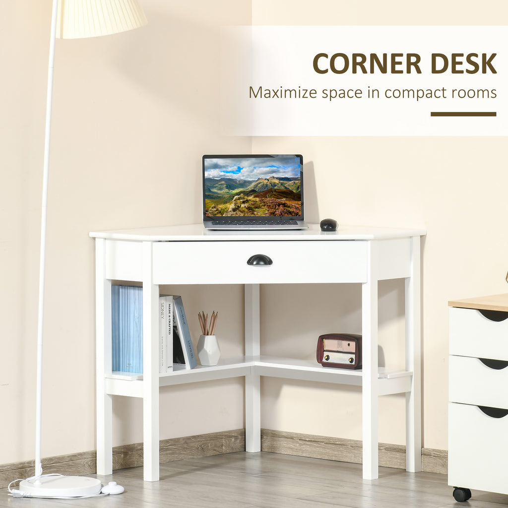 Workdesk Triangle Corner Desk, Triangle Computer Desk with Drawer and Storage Shelves fo