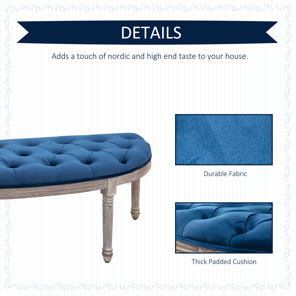 Vintage Semi-Circle Hallway Bench Tufted Upholstered Velvet-Touch Fabric Accent Seat with Rubberwood Legs  Blue