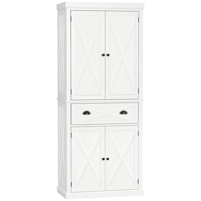 Freestanding Modern Farmhouse 4 Door Kitchen Pantry Cabinet, Storage Cabinet Organizer with 6-Tiers, 1 Drawer and 4 Adjustable Shelves, White