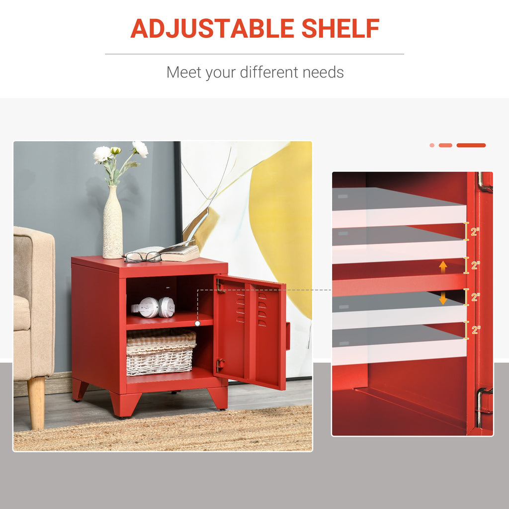 Industrial End Table, Living Room Side Table with Locker-Style Door and Adjustable Shelf, Red