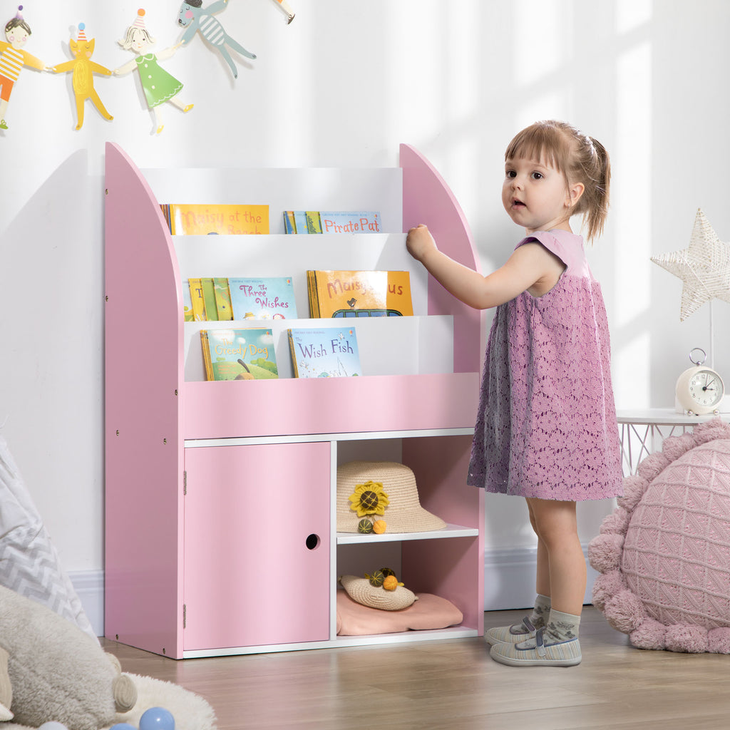 Toy Storage Organizer, Kids Bookshelf, Freestanding Children Bookcase with Cabinet for Toys Clothes Books, Pink