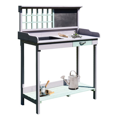 Outdoor Wooden Potting Bench Table with Removable Sink, Garden Work Station with Chalkboard, Drawer, Open Shelf Storage