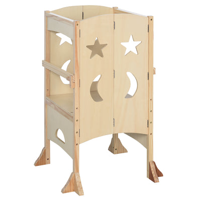 Kitchen Step Stool for Kids Wooden Foldable Helper Stool with Support Handles Safety Rail for Toddler Bathroom Counter Step Non-Slip Natural