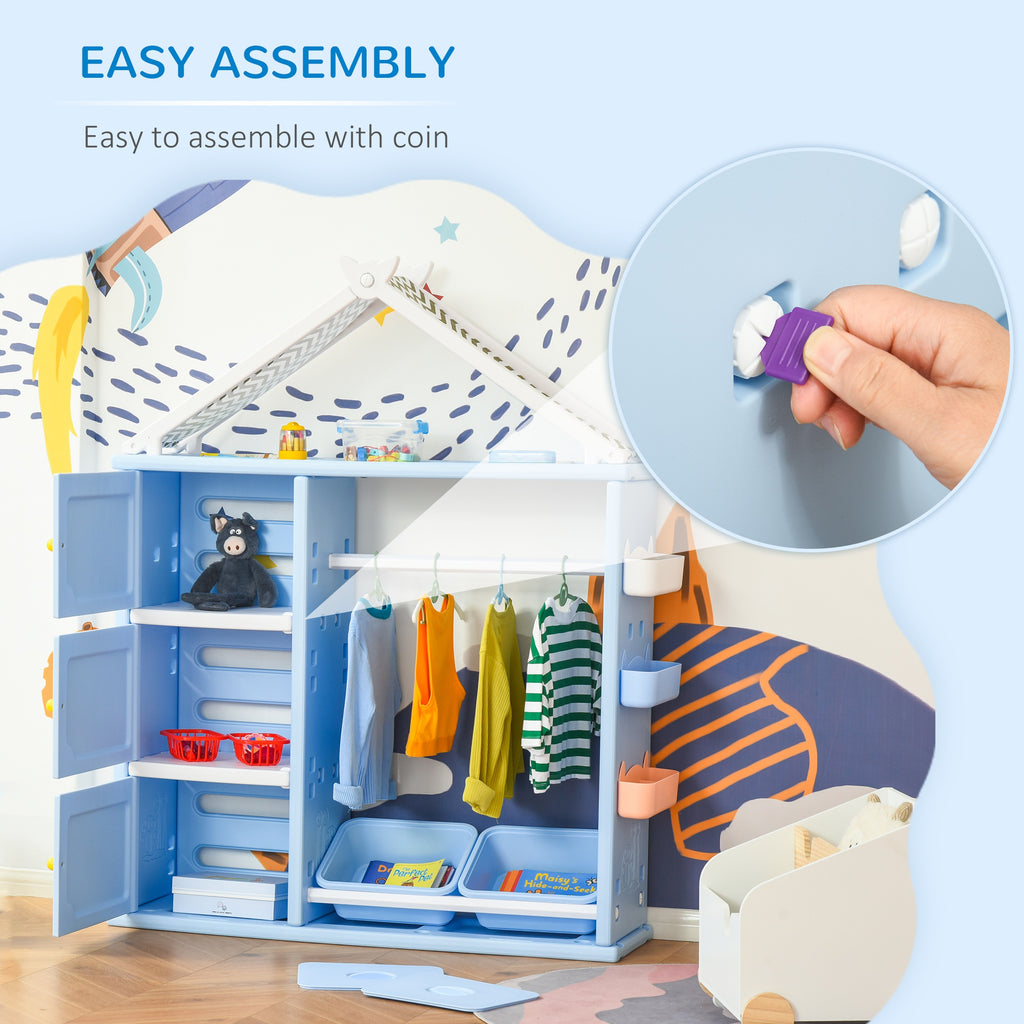 Kids toy Organizer and Storage Book Shelf with shelf, storage cabinet, hanger, storage box, and storage basket, Blue