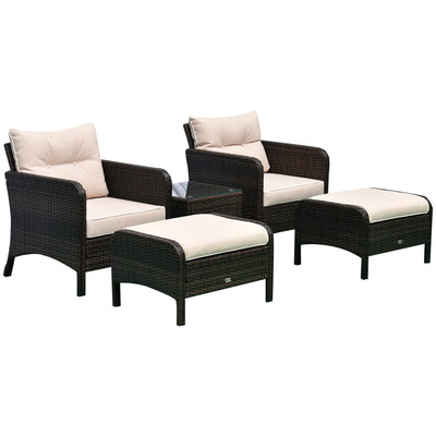 5 Piece Rattan Wicker Lounge Chair, Outdoor Patio Conversation Set with 2 Cushioned Chairs, 2 Ottomans & Tempered Glass Top Coffee Table