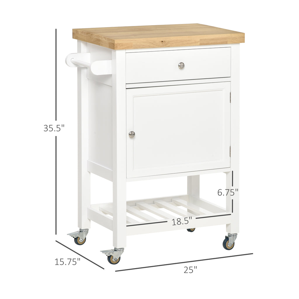 Kitchen Cart, Rolling Kitchen Island Cart on Wheels with Bottom Shelf, Rubber Wood Countertop and Handle, White