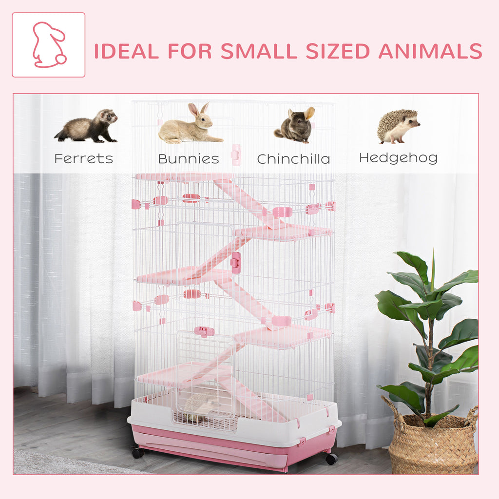 32"L 6-Level Small Animal Cage Rabbit Hutch with Universal Lockable Wheels, Slide-out Tray for Bunny, Chinchillas, Ferret, Pink