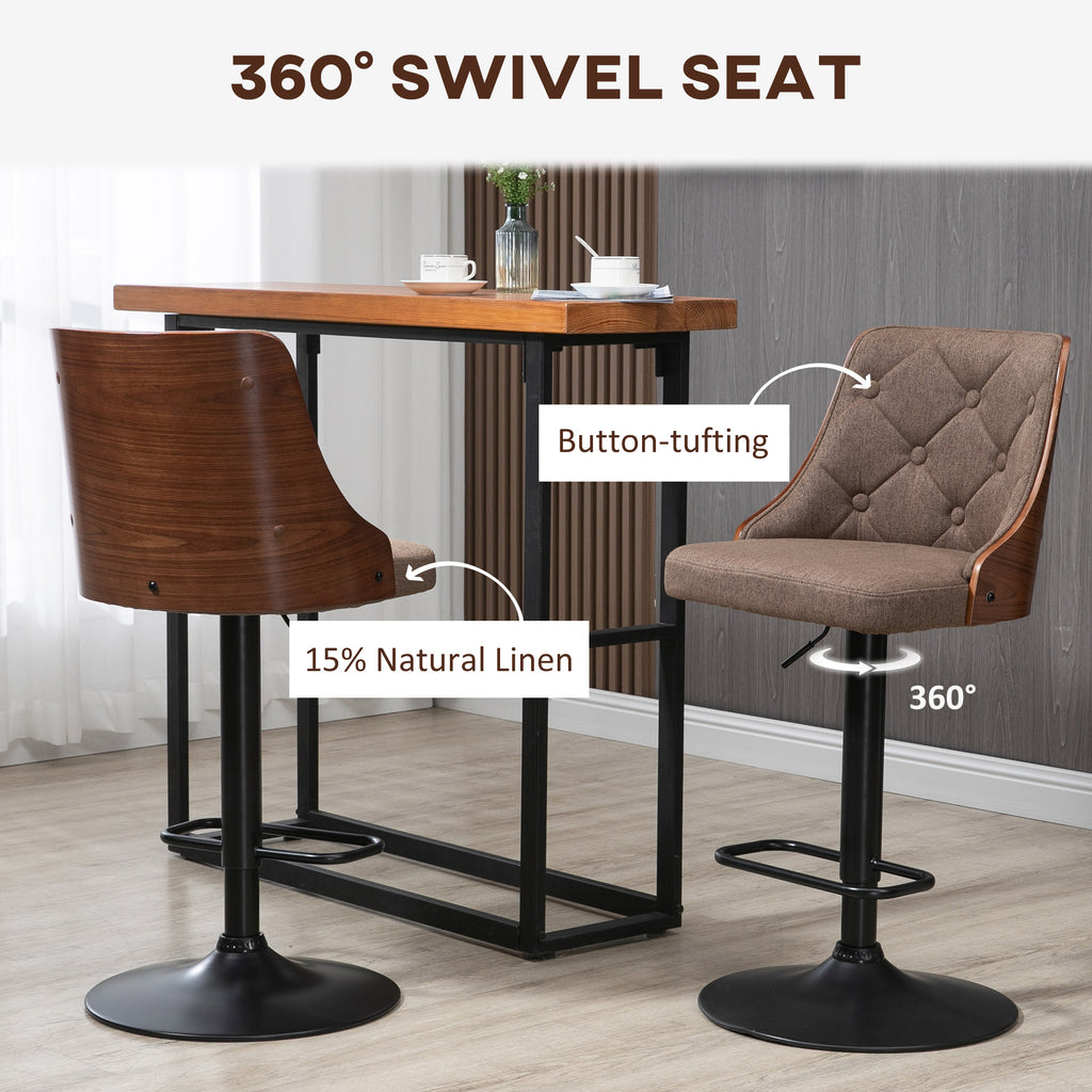 Counter Height Bar Stools Set of 2, Height Adjustable Swivel Barstools with Footrest and Tufted Back, Linen Fabric Bar Chairs, Brown