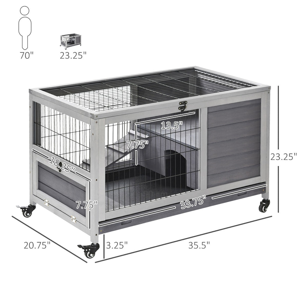 Wooden Rabbit Hutch Indoor Elevated Cage Habitat with No Leak Tray Enclosed Run with Wheels, Ideal for Rabbits and Guinea Pigs, Grey